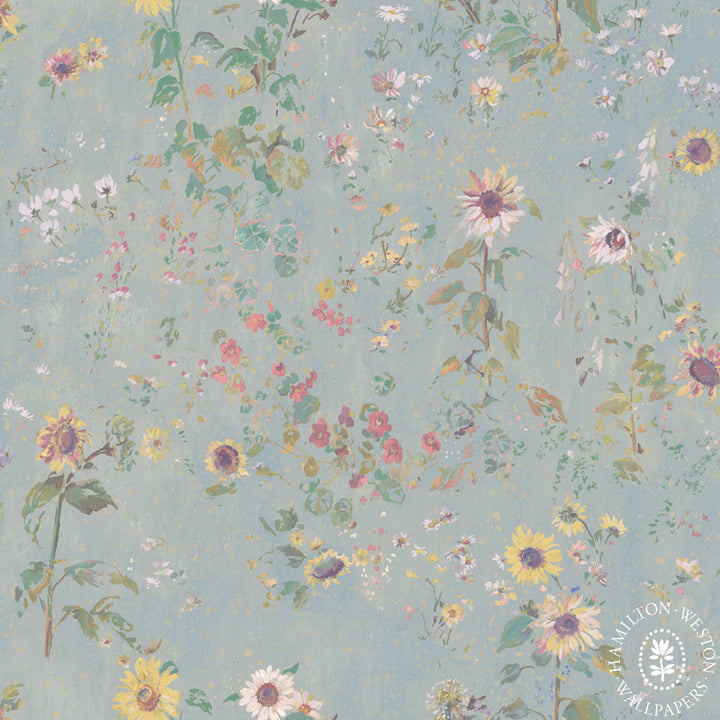 Hamilton-Weston-Wallpaper-Flora-Roberts-cottage-garden-allotment-floral-patern-wildflowers- sunflowers-large-delicate-floral-repeat-background-morning-blue