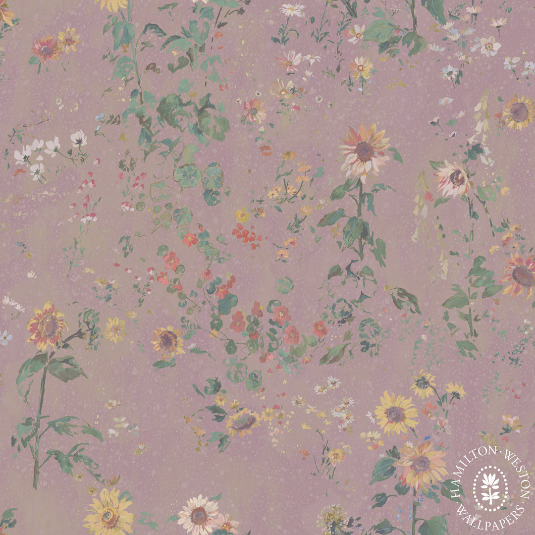 Hamilton-Weston-Wallpaper-Flora-Roberts-cottage-garden-allotment-floral-patern-wildflowers- sunflowers-large-delicate-floral-repeat-background-Lilac