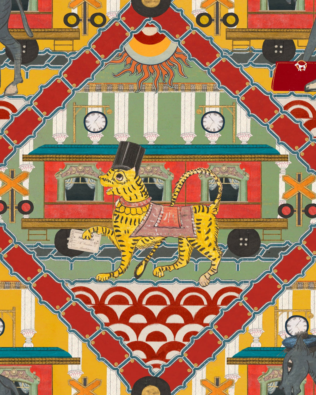 Mind-the-gap-wallpaper-Orient-express-collection-gare-du-nord-lemon-wallpaper-neoclassical-patterns-ornate-carnival-style-pattern-details-animals-architectural-elements-Lemon-WP20773