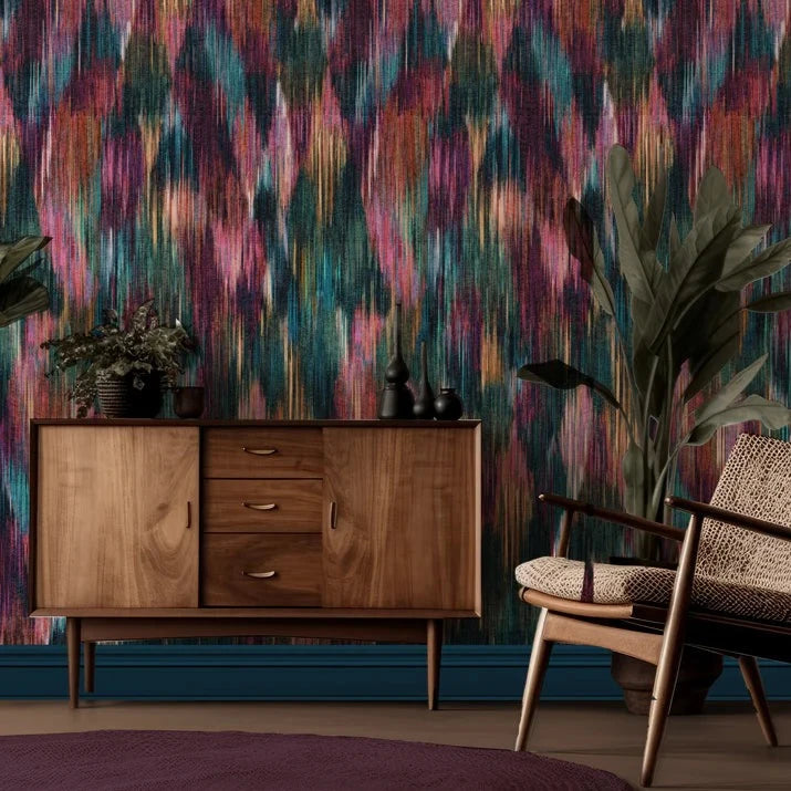 Victoria-Sanders-Spectre-Ikat-geometric-Wallpaper-Jewel-ikat -greens-teal-purples-rust