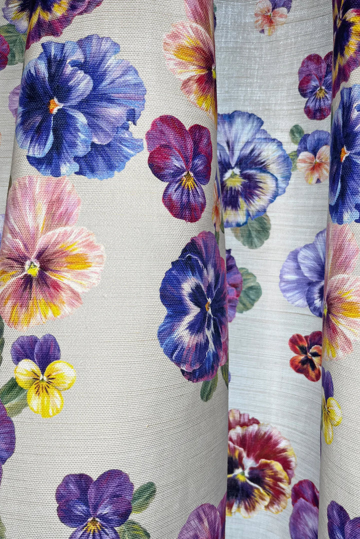 Victoria-sanders-fabrics-plethora-of-pansies-ston-background-hand-painted-floral-oyster-linen-textile