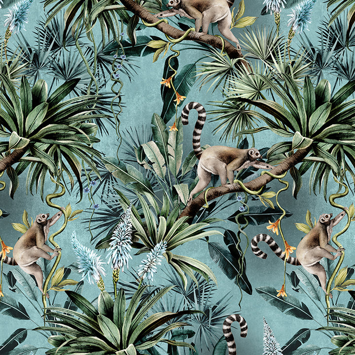 Avalana-leaping-lemurs-teal-wallpaper-Madagascar-scenes-jungle-fun-teal-backdrop-maximalist-wallpaper 