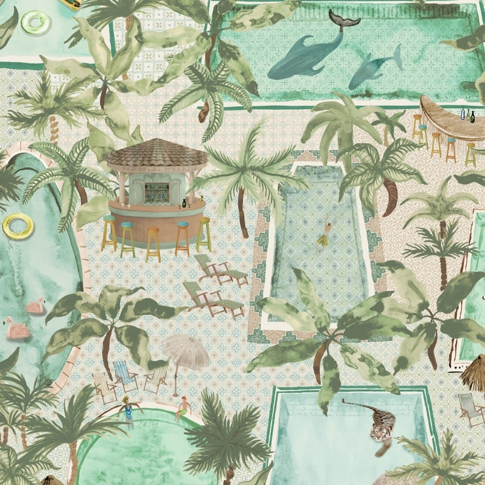 Brend-Mckenzie-Paper-Paradise-collection-Lido-wallpaper-exotic-swimmingpools-pool-houses-palms-oasis-hidden-animals-tiger-whale-flamingo-african-adventure-pool-house-paper-novelty-BMPP004/06A- palm-green 