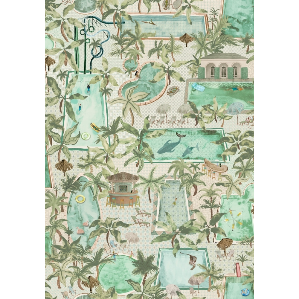 Brend-Mckenzie-Paper-Paradise-collection-Lido-wallpaper-exotic-swimmingpools-pool-houses-palms-oasis-hidden-animals-tiger-whale-flamingo-african-adventure-pool-house-paper-novelty-BMPP004/06A- palm-green