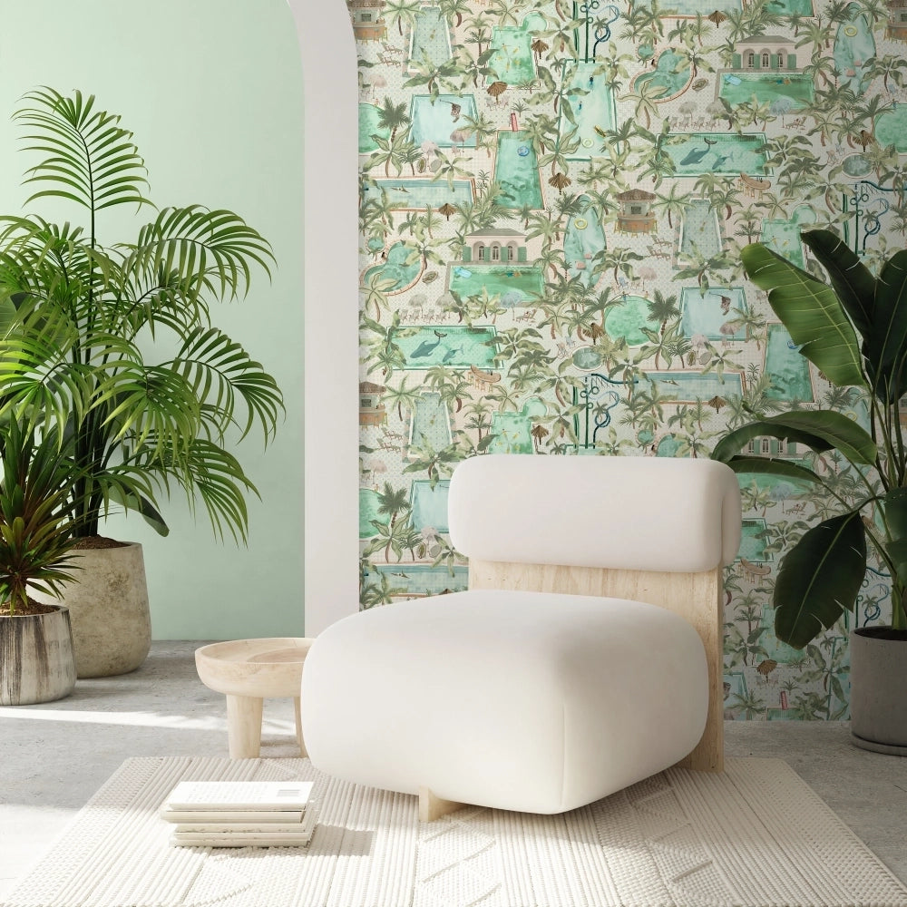 Brend-Mckenzie-Paper-Paradise-collection-Lido-wallpaper-exotic-swimmingpools-pool-houses-palms-oasis-hidden-animals-tiger-whale-flamingo-african-adventure-pool-house-paper-novelty-BMPP004/06A- palm-green