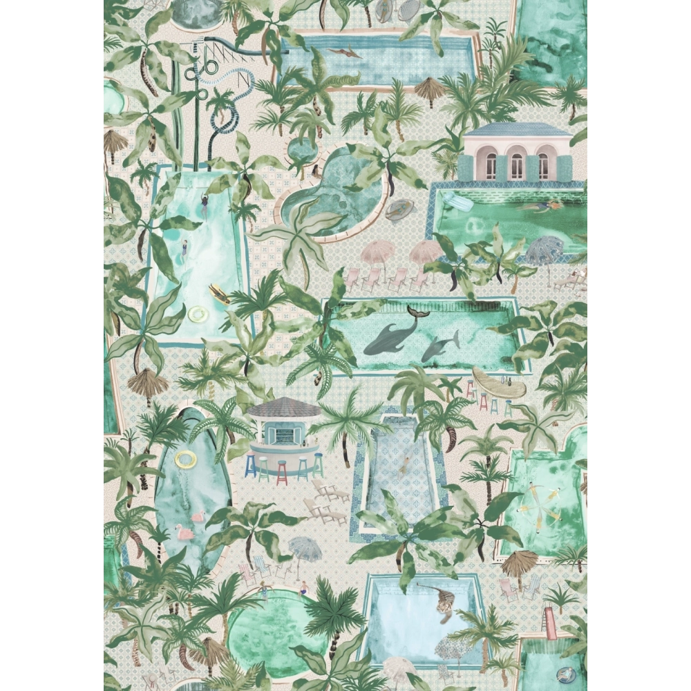 Brend-Mckenzie-Paper-Paradise-collection-Lido-wallpaper-exotic-swimmingpools-pool-houses-palms-oasis-hidden-animals-tiger-whale-flamingo-african-adventure-pool-house-paper-novelty-BMPP004/06B-turquoise