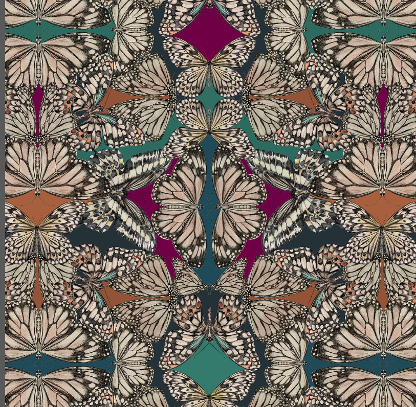 Victoria-Sanders-collection-kaleidoscopic-illusion-wallpaper-hand-drawn-butterflies-jewel-tones-magenta-turquiose-petrol-sienna