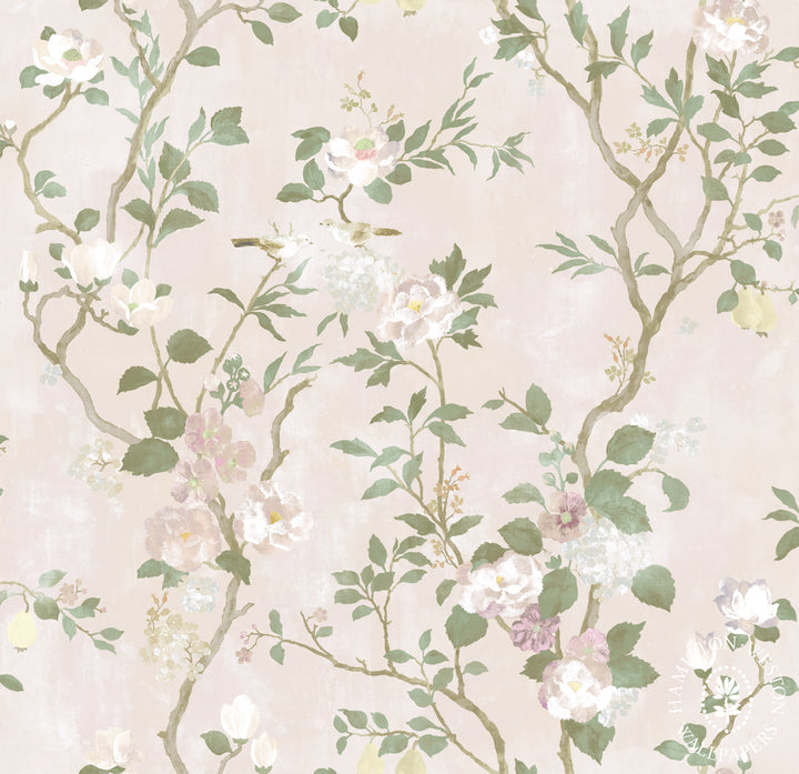 Flora-Roberts-Wallpaper-Hamilton-Weston-Peony-Garden-wall-mural-trailing-garden-prony-blossom-flowers-birds-pears-blush