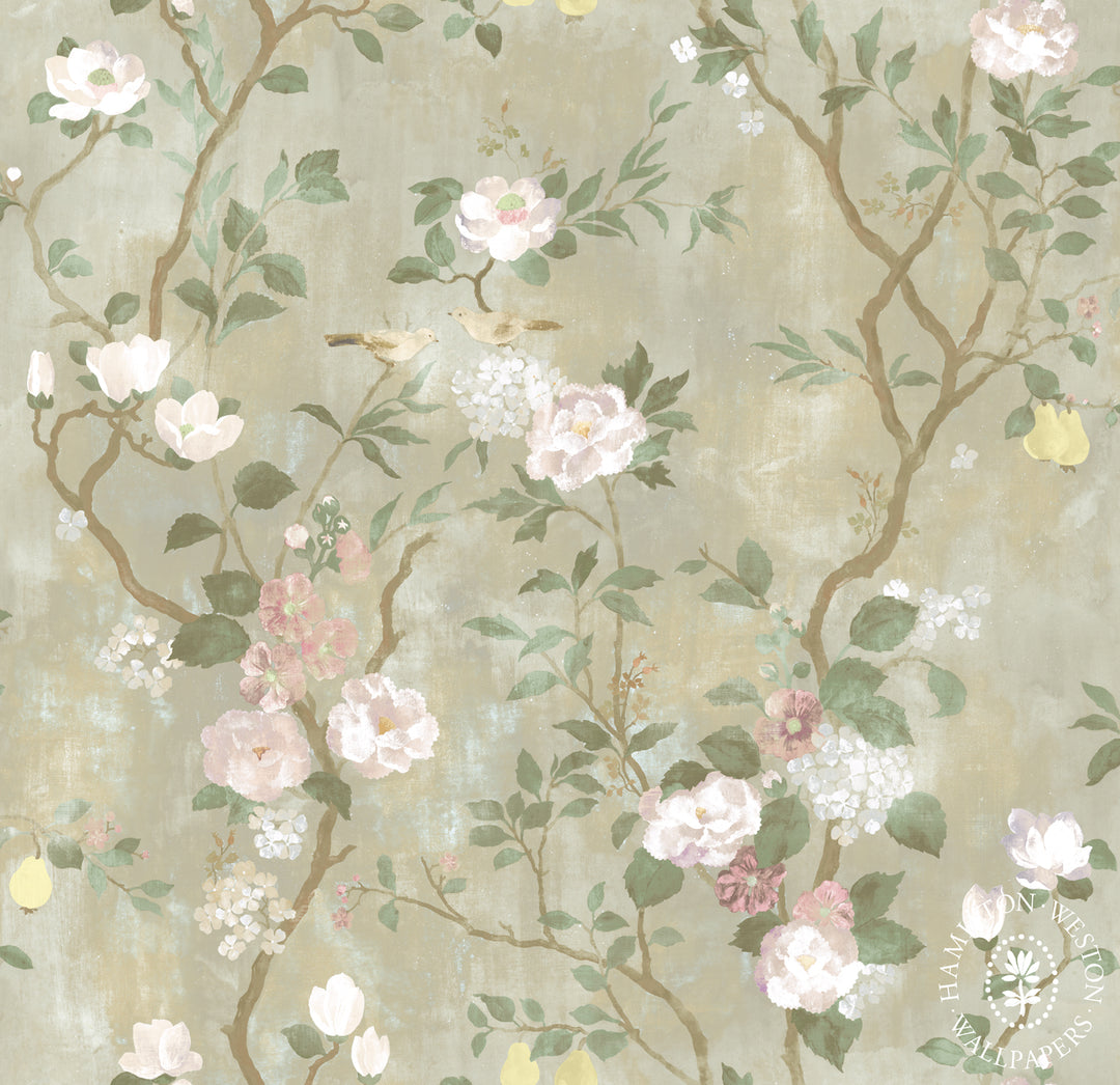 Flora-Roberts-Wallpaper-Hamilton-Weston-Peony-Garden-wall-mural-trailing-garden-prony-blossom-flowers-birds-pears-Lichen-soft-green