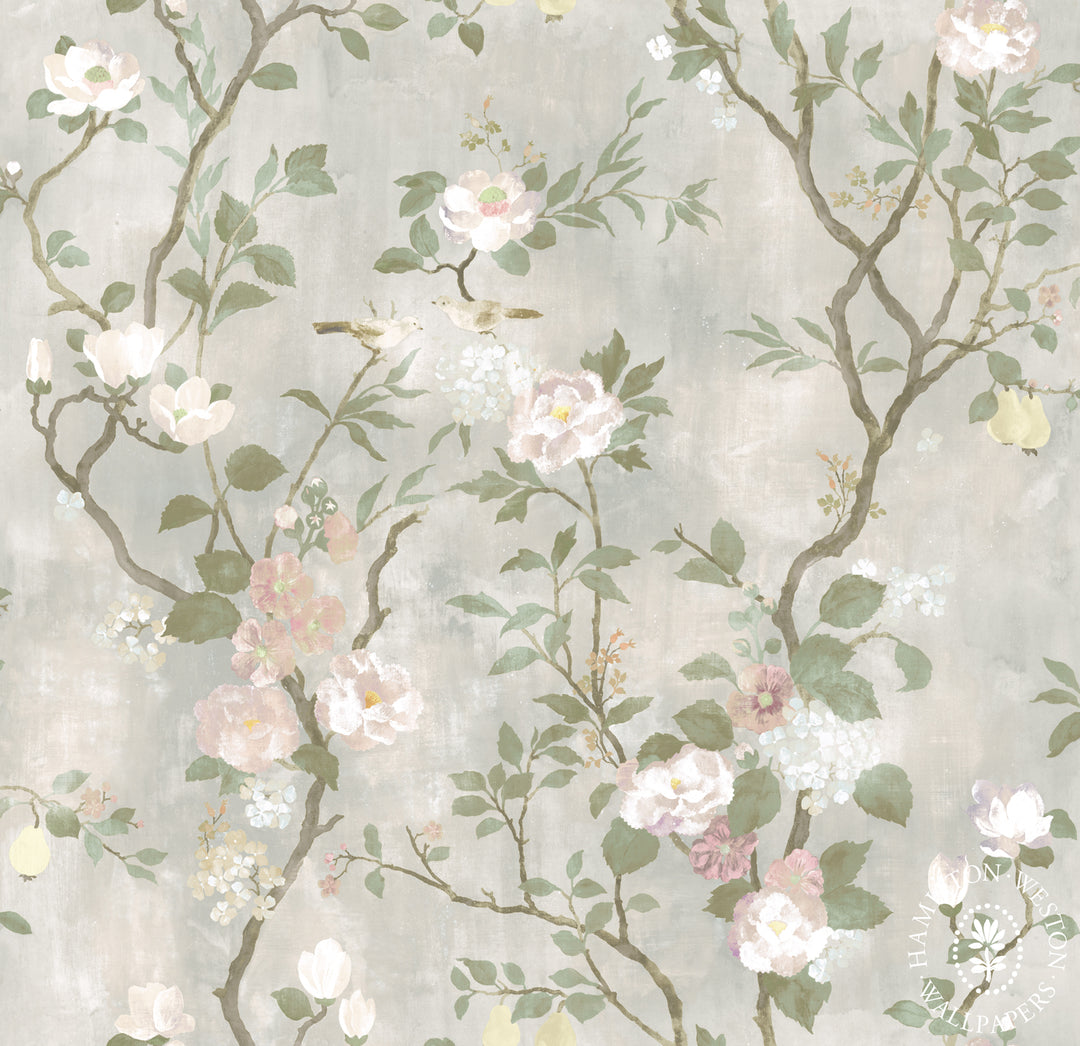 Flora-Roberts-Wallpaper-Hamilton-Weston-Peony-Garden-wall-mural-trailing-garden-prony-blossom-flowers-birds-pears-limestone