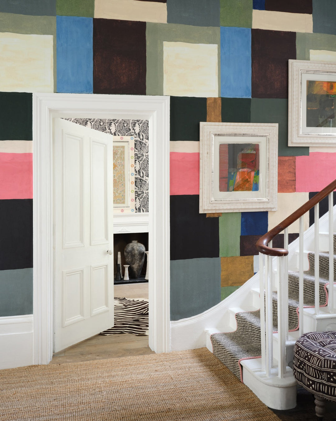 geometric-painted-colour-block-wallpaper-folk-couture-buildings-minnie-kemp-mindthegap-wallpaper-hallway