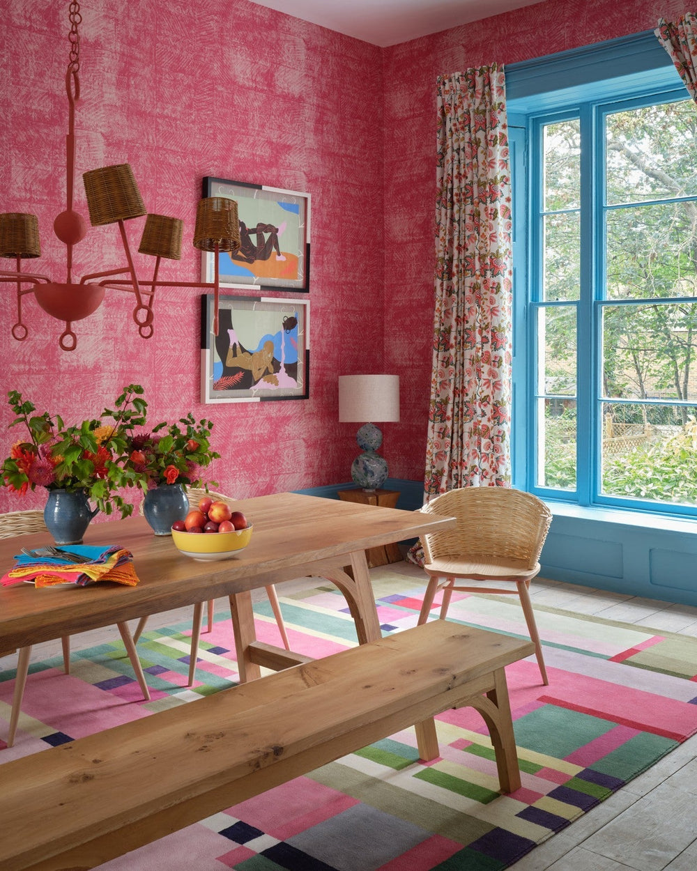 minnie-kemp-mindthegap-collaboration-samoa-pink-red-textured-textile-wallpaper-bold-colourful-dining-room