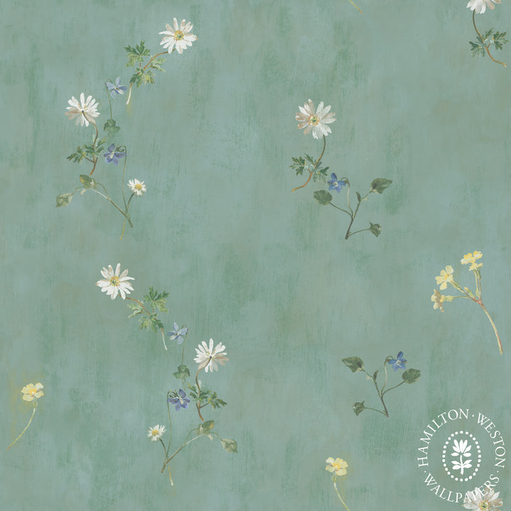 Flora-roberts-wallpaper-spring-vintage-parchment-looking-background-painterly-delivate-floral-print-trailing-spring-flowers-Grisaille-mint-Verditer-shell