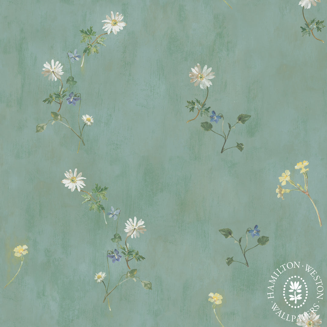 Flora-roberts-wallpaper-spring-vintage-parchment-looking-background-painterly-delivate-floral-print-trailing-spring-flowers-Grisaille-mint-Verditer-shell