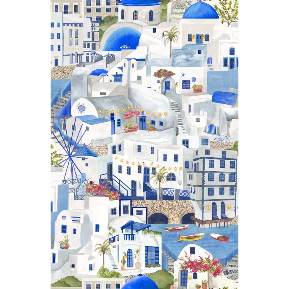 Brand-Mckanezie-wallpaper-The Mediterranean-Cyclades-churches-buildings-lanes-ports-Greek-island-Hand-painted-illustrated-watercolour-style-print-novelty-wallpaper-blue-and-White-BMPP04/08A
