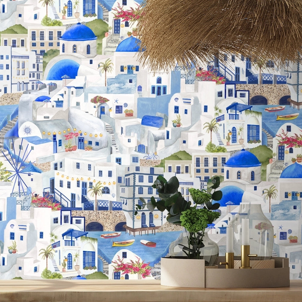 Brand-Mckanezie-wallpaper-The Mediterranean-Cyclades-churches-buildings-lanes-ports-Greek-island-Hand-painted-illustrated-watercolour-style-print-novelty-wallpaper-blue-and-White-BMPP04/08A