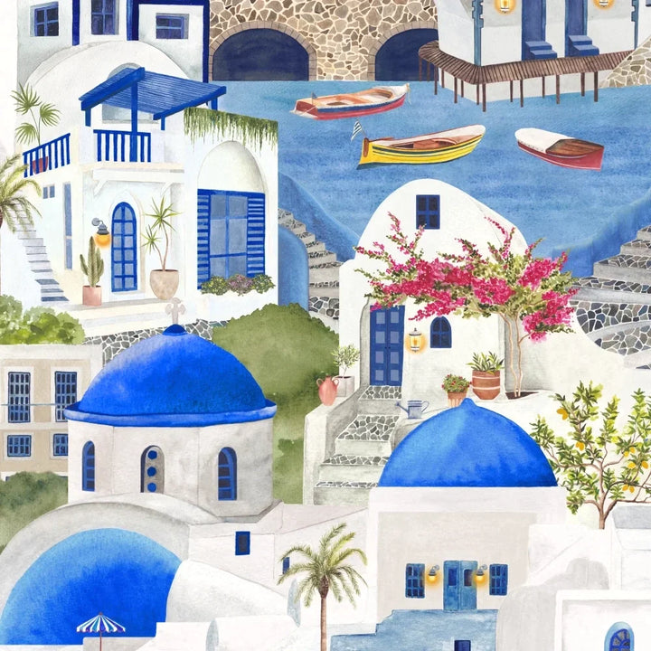 Brand-Mckanezie-wallpaper-The Mediterranean-Cyclades-churches-buildings-lanes-ports-Greek-island-Hand-painted-illustrated-watercolour-style-print-novelty-wallpaper-blue-and-white-BMPP04/08A