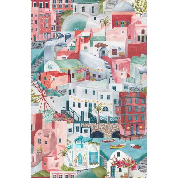 Brand-Mckanezie-wallpaper-The Mediterranean-Cyclades-churches-buildings-lanes-ports-Greek-island-Hand-painted-illustrated-watercolour-style-print-novelty-wallpaper-cherry-and-Aqua-BMPP04/08B