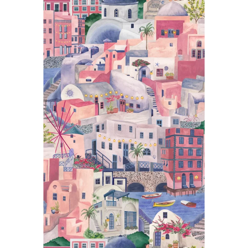 Brand-Mckanezie-wallpaper-The Mediterranean-Cyclades-churches-buildings-lanes-ports-Greek-island-Hand-painted-illustrated-watercolour-style-print-novelty-wallpaper-Lavender-Rose-BMPP04/08C