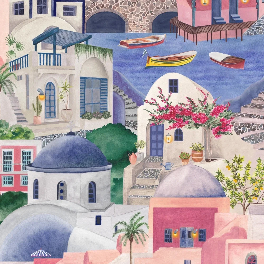 Brand-Mckanezie-wallpaper-The Mediterranean-Cyclades-churches-buildings-lanes-ports-Greek-island-Hand-painted-illustrated-watercolour-style-print-novelty-wallpaper-Lavender-Rose-BMPP04/08C