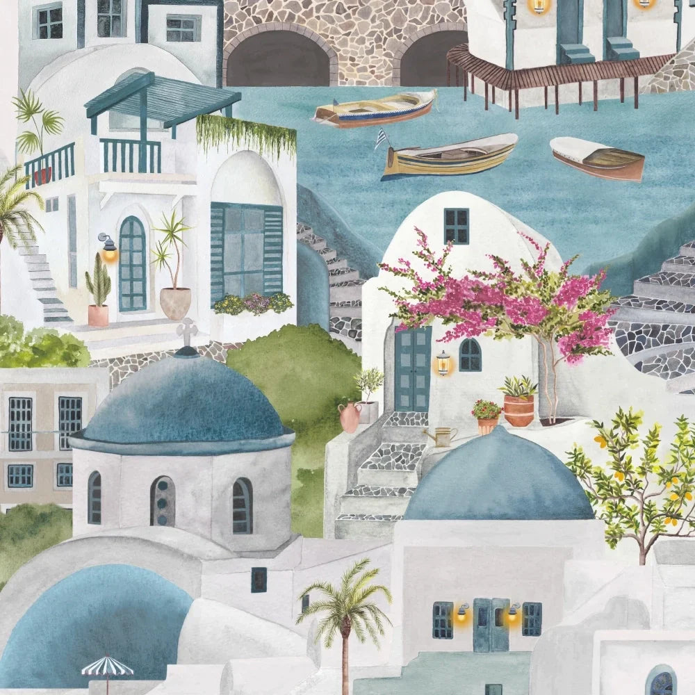 Brand-Mckanezie-wallpaper-The Mediterranean-Cyclades-churches-buildings-lanes-ports-Greek-island-Hand-painted-illustrated-watercolour-style-print-novelty-wallpaper-Slate-Blue-BMPP04/08D