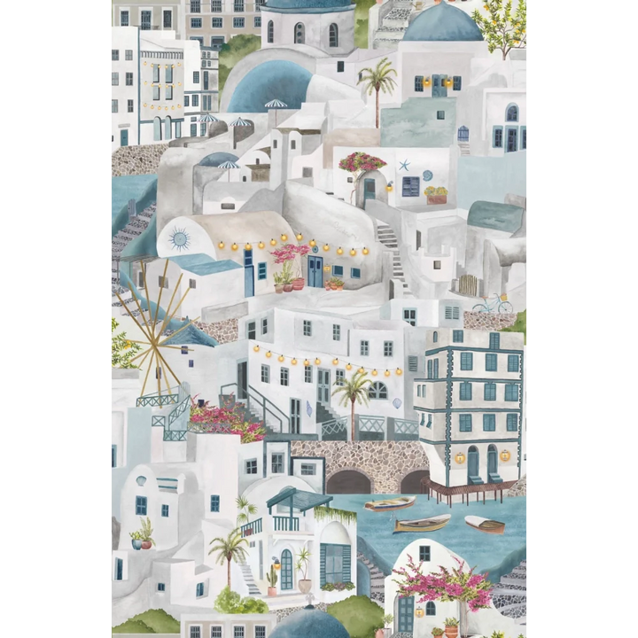 Brand-Mckanezie-wallpaper-The Mediterranean-Cyclades-churches-buildings-lanes-ports-Greek-island-Hand-painted-illustrated-watercolour-style-print-novelty-wallpaper-Slate-Blue-BMPP04/08D