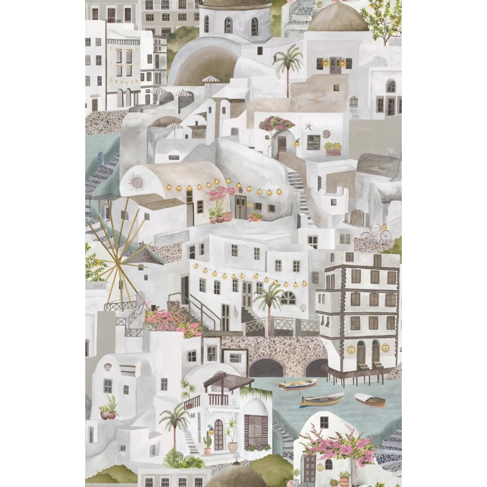 Brand-Mckanezie-wallpaper-The Mediterranean-Cyclades-churches-buildings-lanes-ports-Greek-island-Hand-painted-illustrated-watercolour-style-print-novelty-wallpaper-Stone-BMPP04/08E