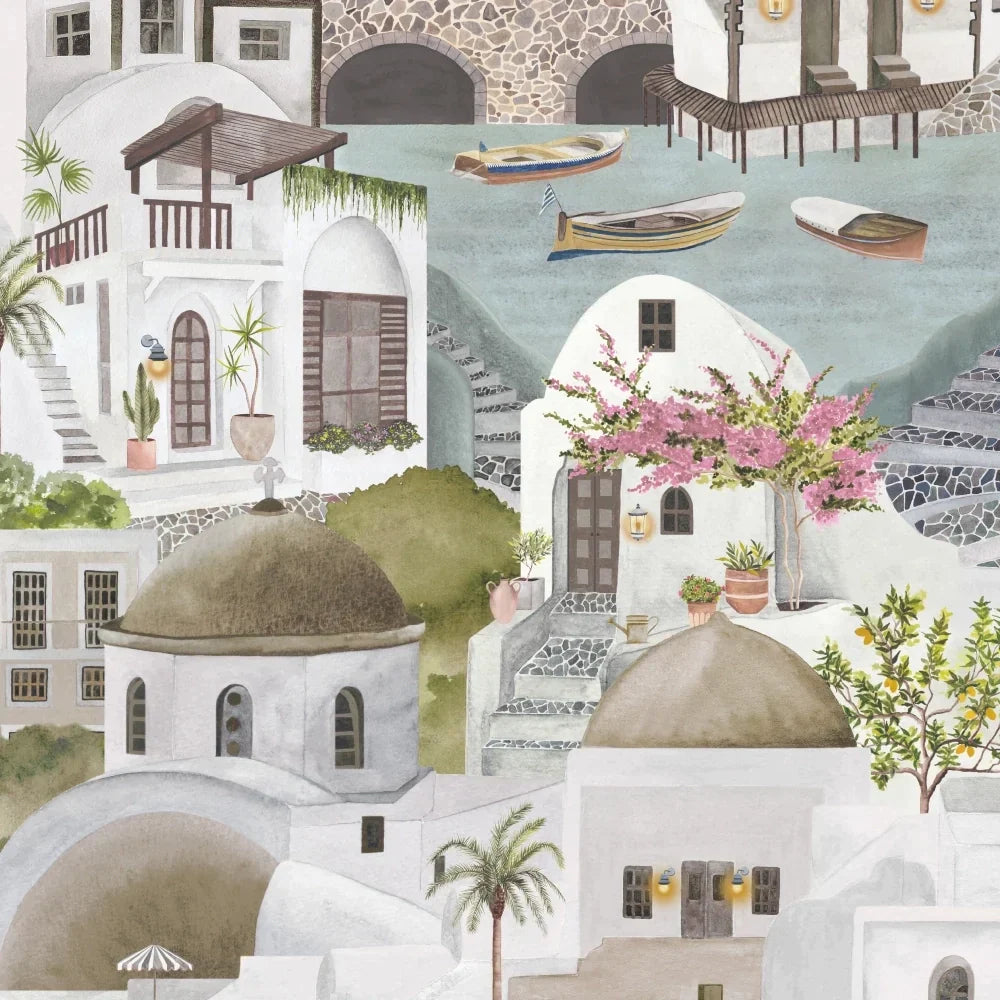 Brand-Mckanezie-wallpaper-The Mediterranean-Cyclades-churches-buildings-lanes-ports-Greek-island-Hand-painted-illustrated-watercolour-style-print-novelty-wallpaper-Stone-BMPP04/08E