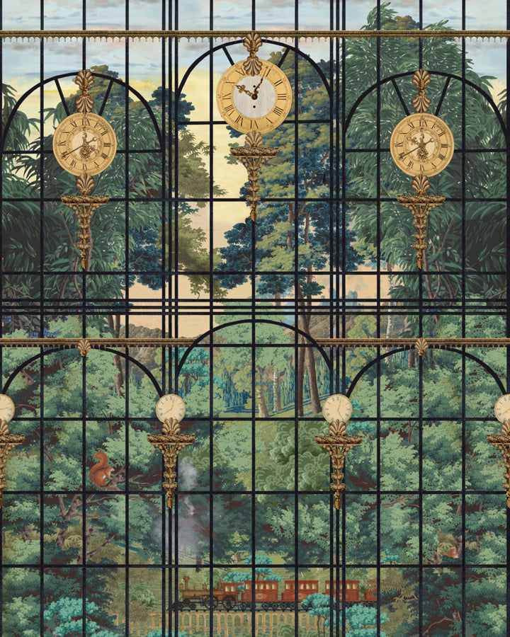 Mind-the-gap-station-view-wallpaper- WP20783-ornate-victorian-window-view-gardens-mural-trees-station-clock-gold-clock-romantic-victorian-orient-expres-theme