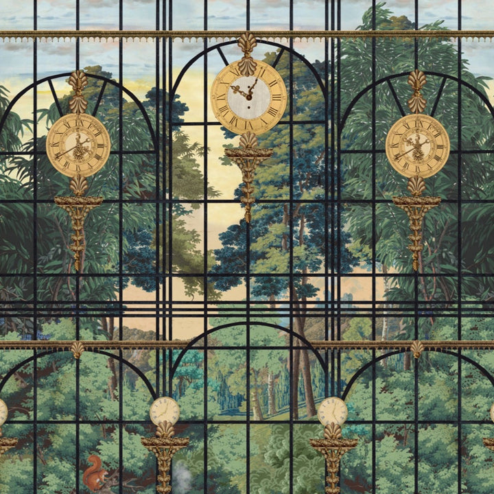 Mind-the-gap-station-view-wallpaper- WP20783-ornate-victorian-window-view-gardens-mural-trees-station-clock-gold-clock-romantic-victorian-orient-expres-theme