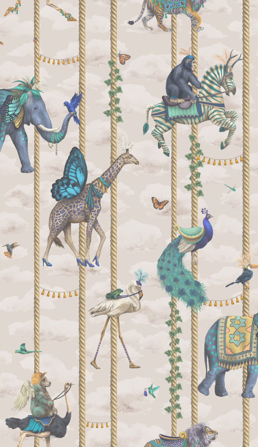carnival-fever-carousel-blue-animals-on-carousel-poles-whimisal-childrens-wallpaper-linen-plaster-pink