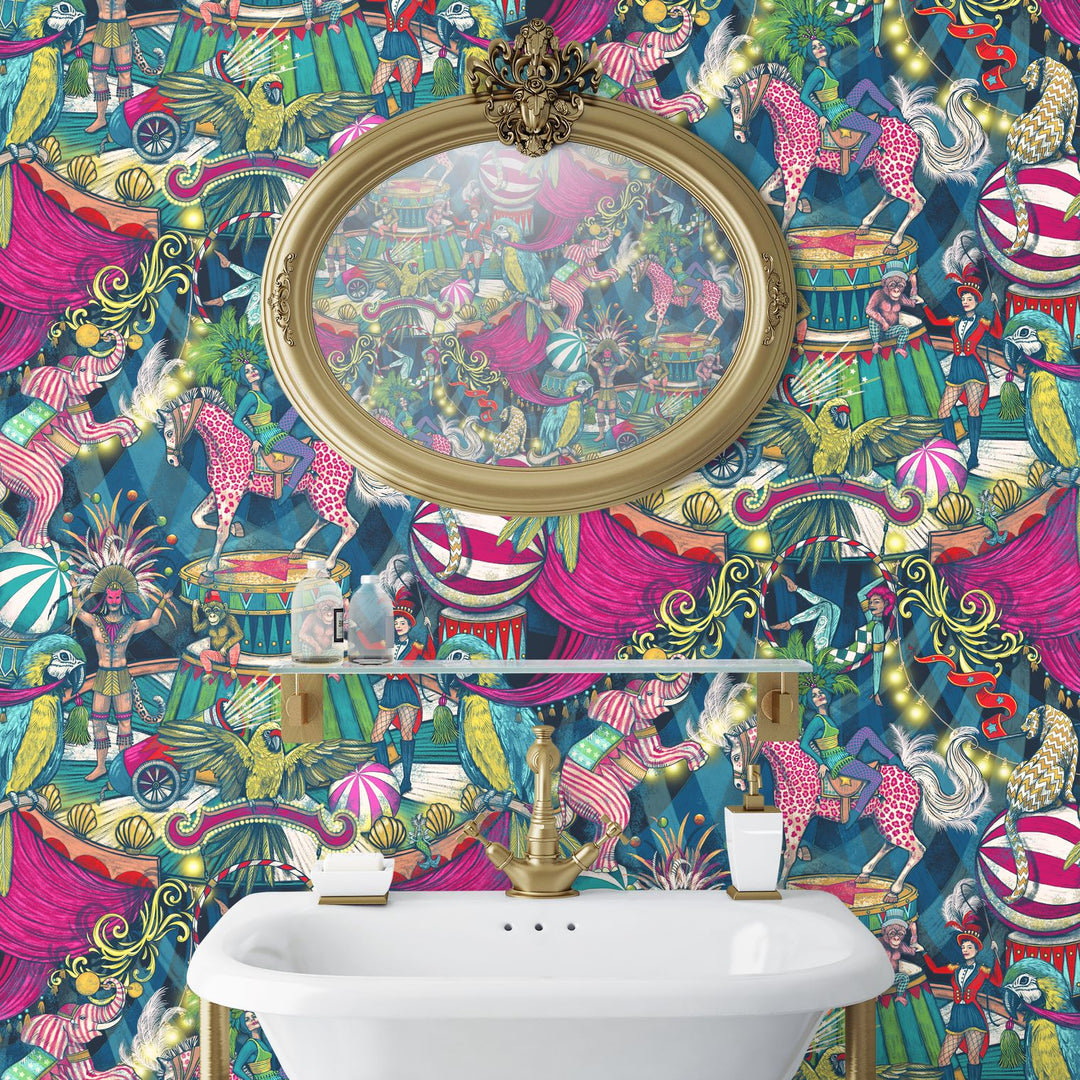 Carnival-fever-funfair-denim-cerise-bold-wallpaper-animals-cloakroom