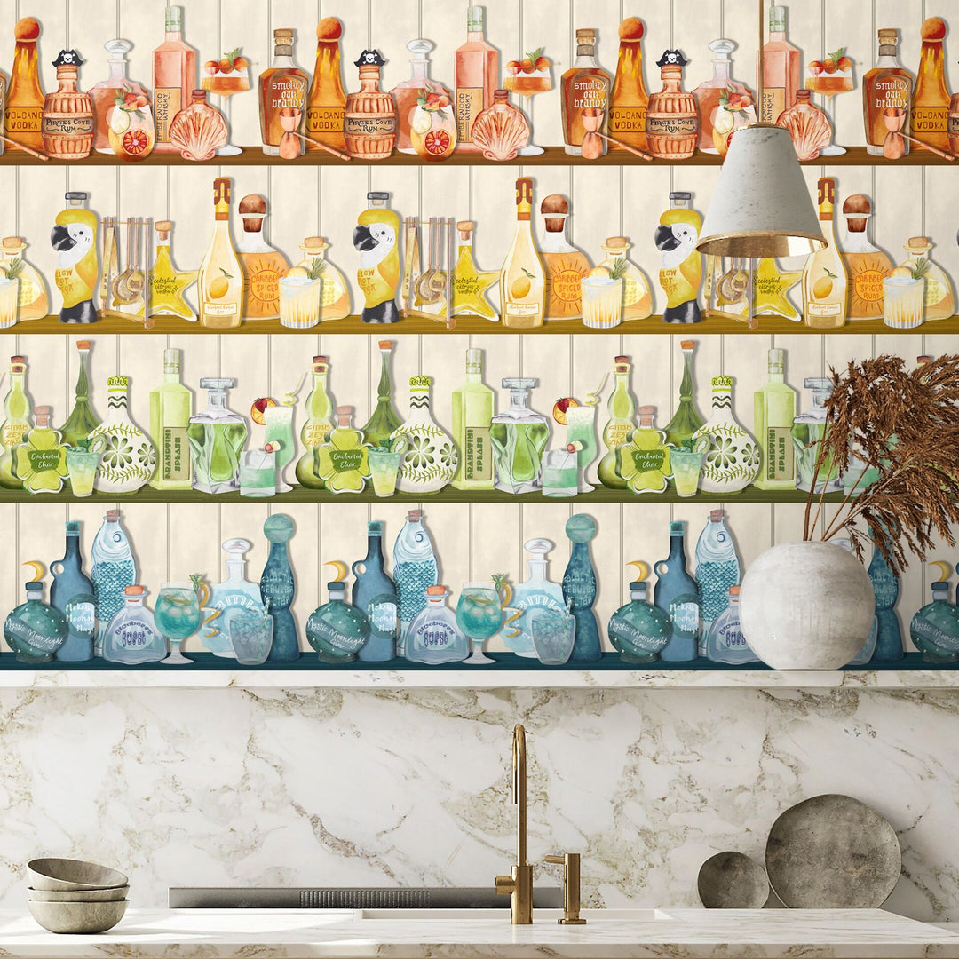 Brand-Mckenzie-Paper-paradise-mixology-wallpaper-cocktail-bar-rows-bottle-colourful-cut-glass-Ivory-pale-bckground
