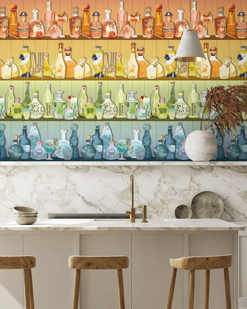 Brand-Mckenzie-Paper-paradise-mixology-wallpaper-cocktail-bar-rows-bottle-colourful-cut-glass-rainbow-colourful-background