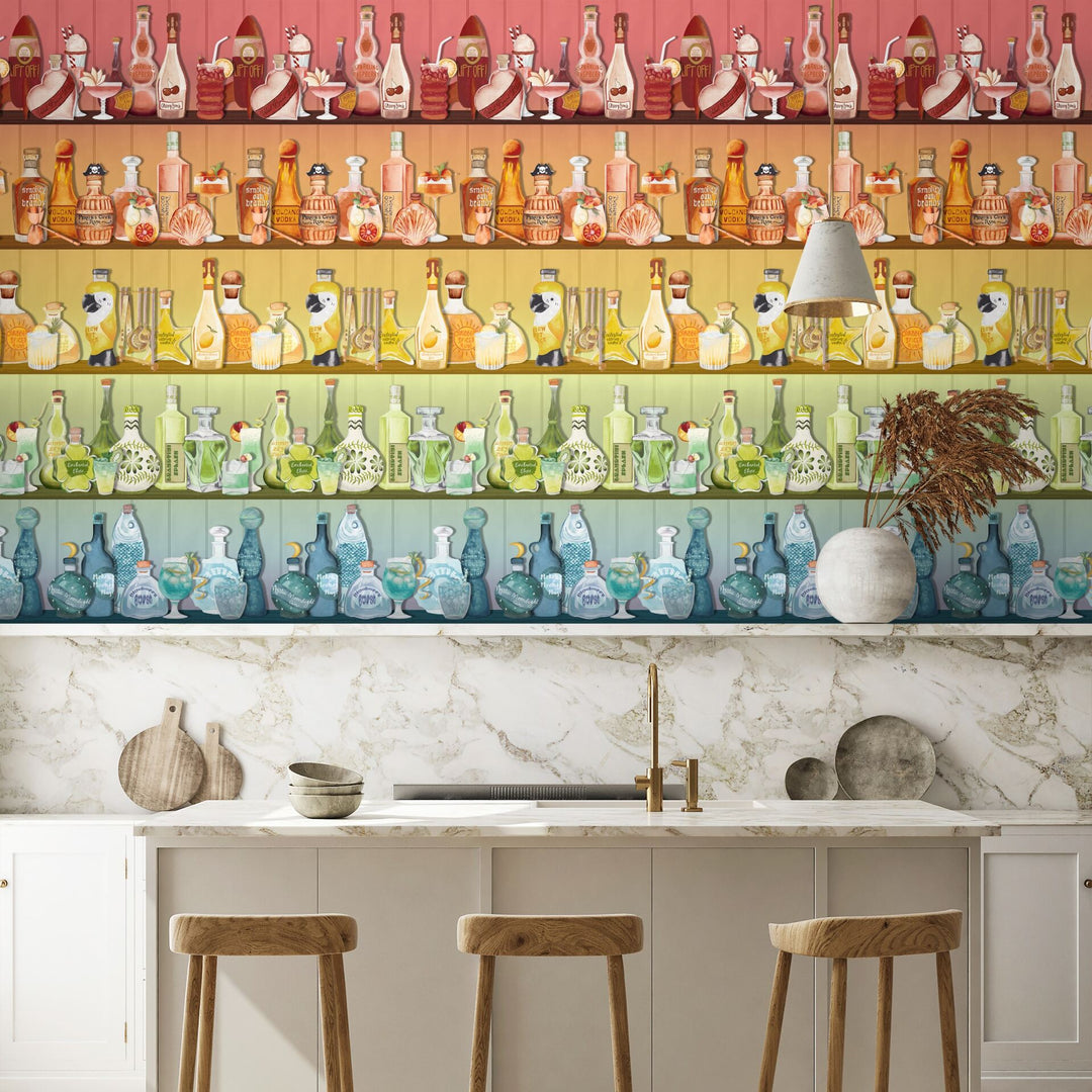 Brand-Mckenzie-Paper-paradise-mixology-wallpaper-cocktail-bar-rows-bottle-colourful-cut-glass-rainbow-colourful-background