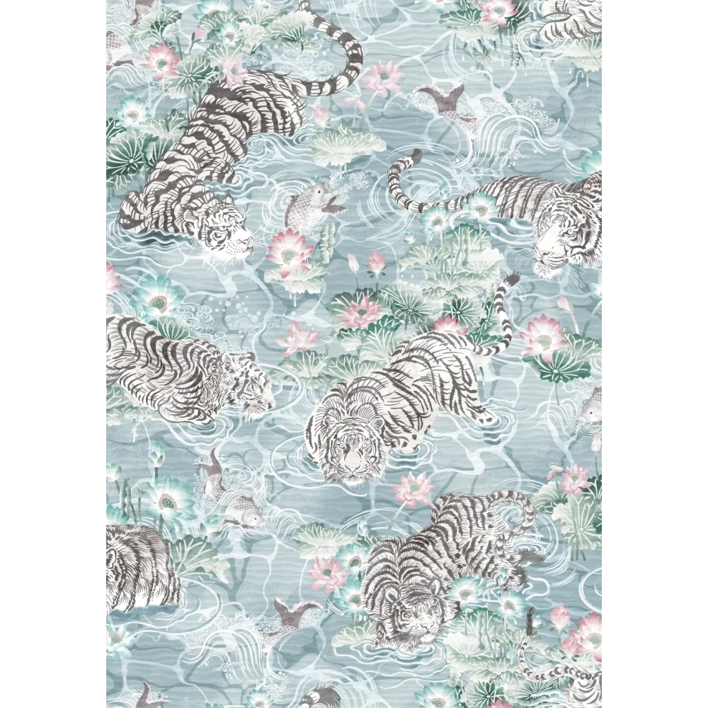 Brand-Mckenzie-paper-paradise-collection-Tiger-Lily-prowling-tiger-asian-influenced-hand-illustrated-lily-pads-flying-fish-extotic-pattern-arctic-blue-and-pink