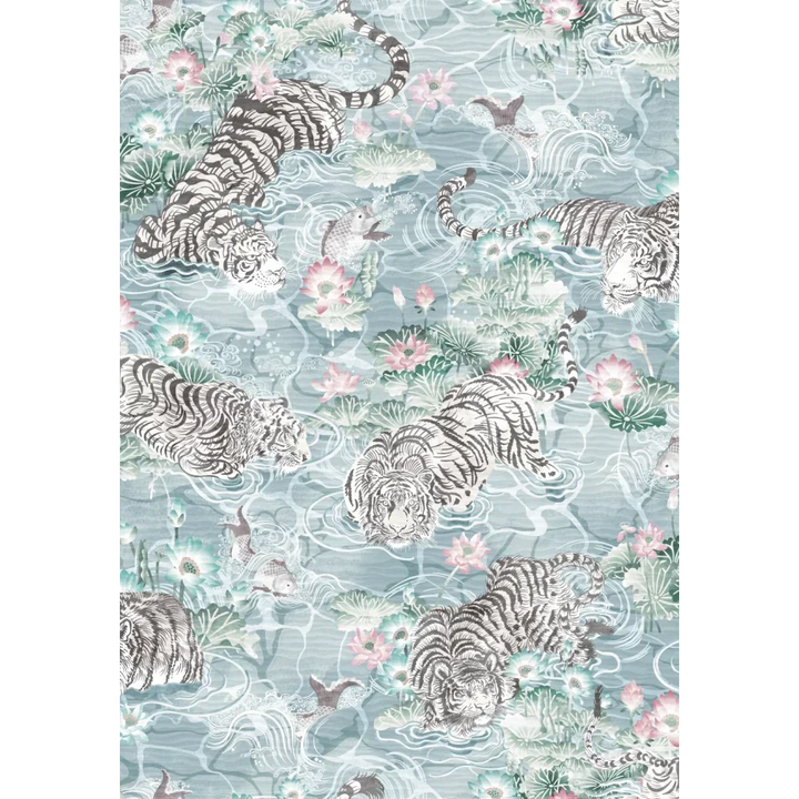 Brand-Mckenzie-paper-paradise-collection-Tiger-Lily-prowling-tiger-asian-influenced-hand-illustrated-lily-pads-flying-fish-extotic-pattern-arctic-blue-and-pink