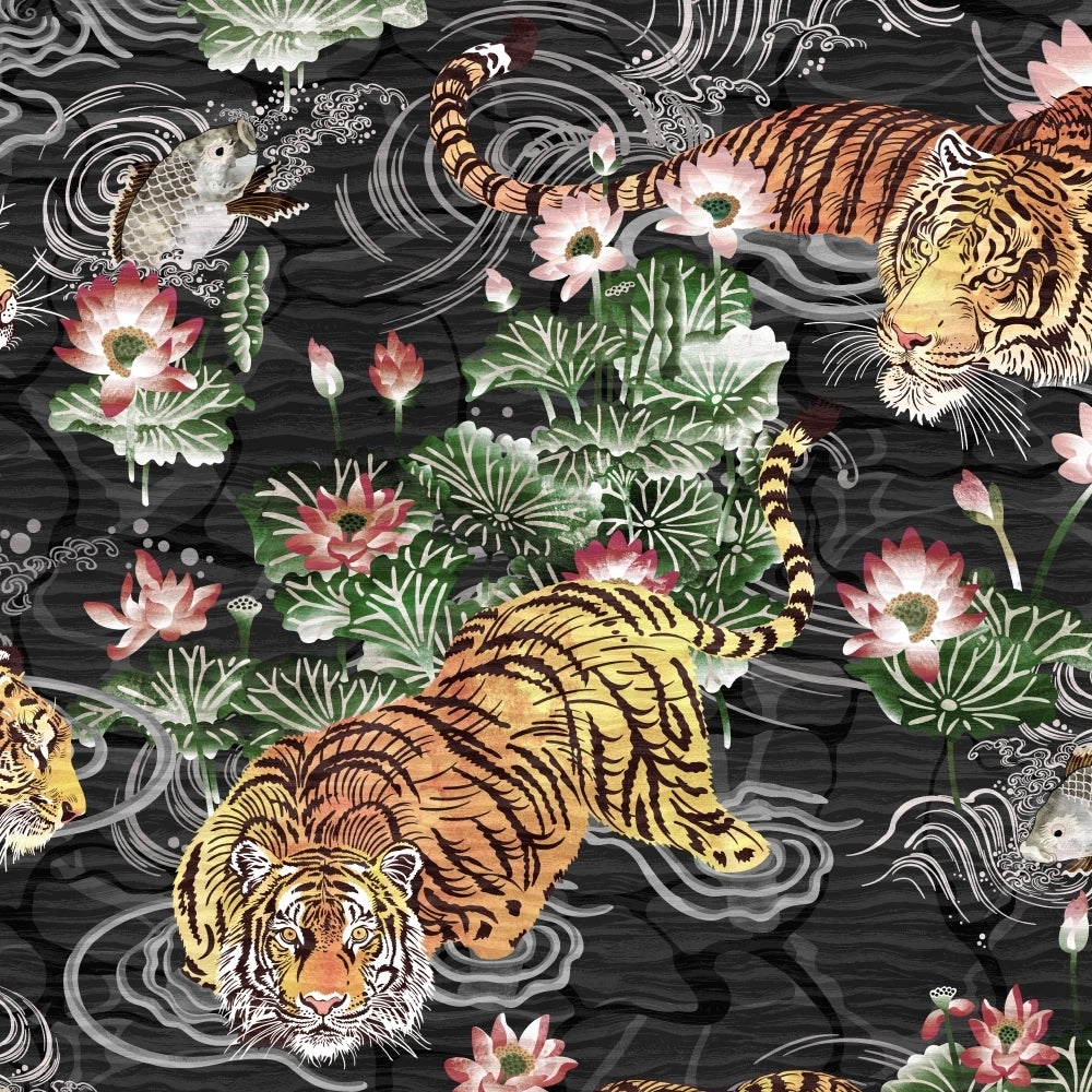 Brand-Mckenzie-paper-paradise-collection-Tiger-Lily-prowling-tiger-asian-influenced-hand-illustrated-lily-pads-flying-fish-extotic-pattern-charcoal-and-gold