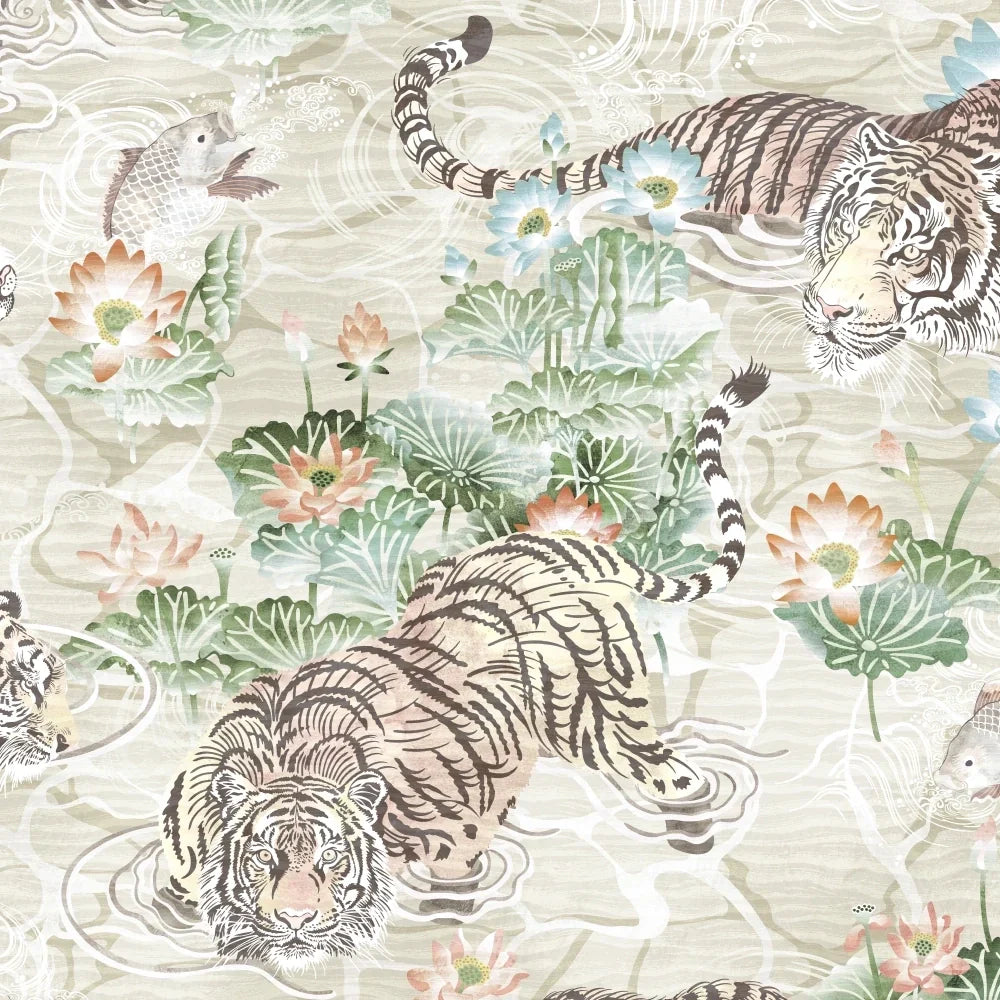 Brand-Mckenzie-paper-paradise-collection-Tiger-Lily-prowling-tiger-asian-influenced-hand-illustrated-lily-pads-flying-fish-extotic-pattern-arctic-linen-and-green