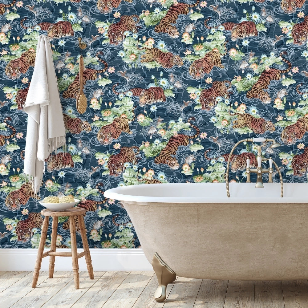 Brand-Mckenzie-paper-paradise-collection-Tiger-Lily-prowling-tiger-asian-influenced-hand-illustrated-lily-pads-flying-fish-extotic-pattern-midnight