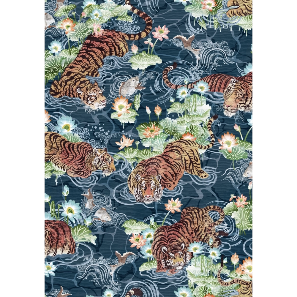 Brand-Mckenzie-paper-paradise-collection-Tiger-Lily-prowling-tiger-asian-influenced-hand-illustrated-lily-pads-flying-fish-extotic-pattern-midnight