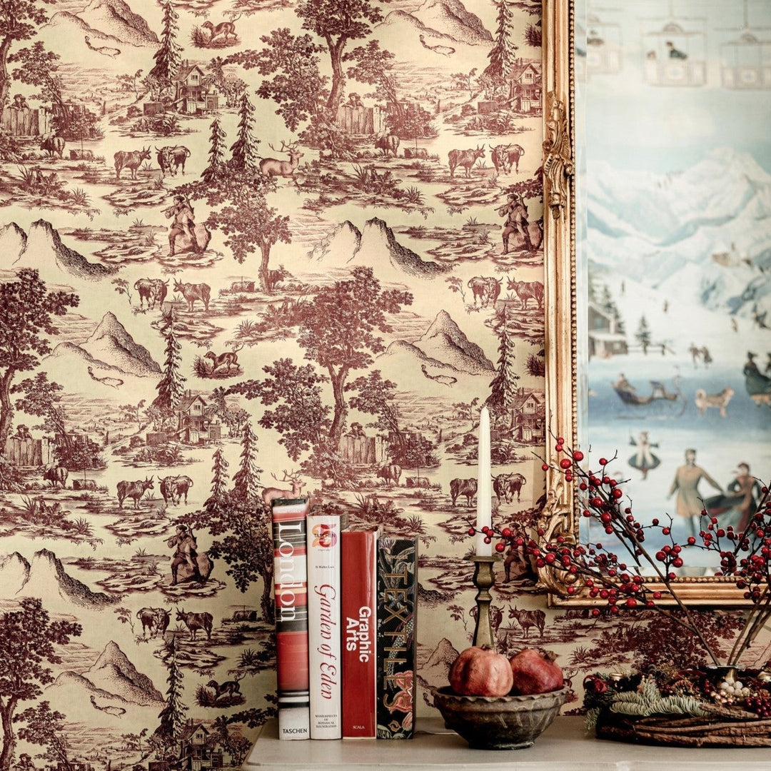 mind-the-gap-wallpaper-Toile-Du-Tyrol-wallpaper-mointain-scene-traditional-french-style-cabin-mountain-scene-burgundy