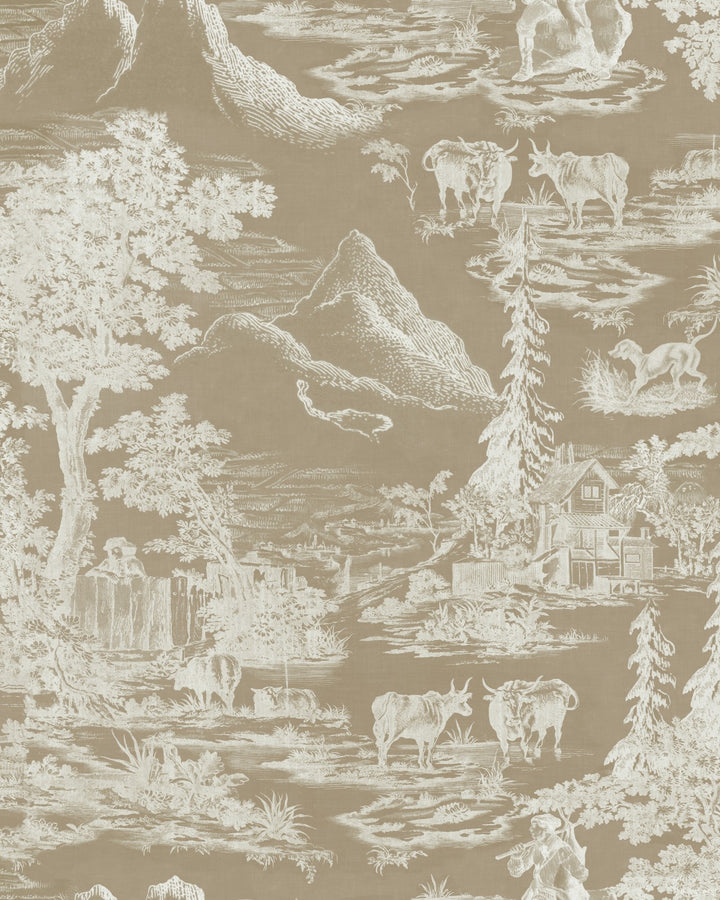 mind-the-gap-wallpaper-Toile-Du-Tyrol-wallpaper-mointain-scene-traditional-french-style-cabin-mountain-scene-Taupe