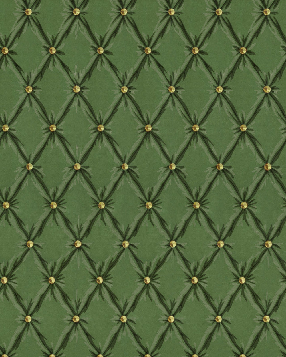 Mind-the-gap-wallpaper-orient-express-tufted-panel-velvet-chesterfield-style-padded-wall-gold-buttons-3d-effect-forest-green-WP30171