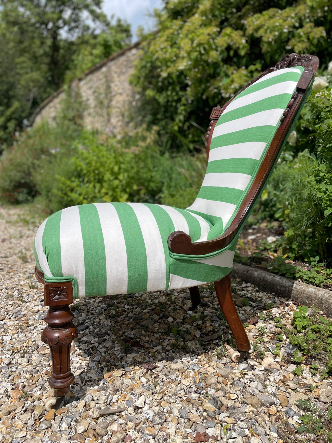 Aggy-Antique-Vintage-Nursing-chair-upcycled-strip-fabric-the-stripe-company-pole-vault-green-white-stripe-chair-