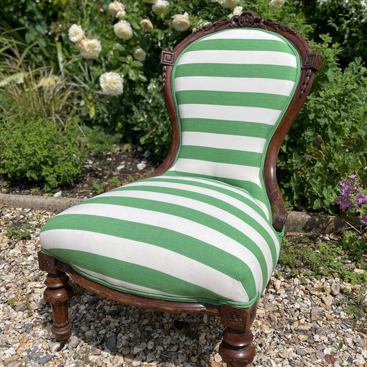 Aggy-Antique-Vintage-Nursing-chair-upcycled-strip-fabric-the-stripe-company-pole-vault-green-white-stripe-chair-