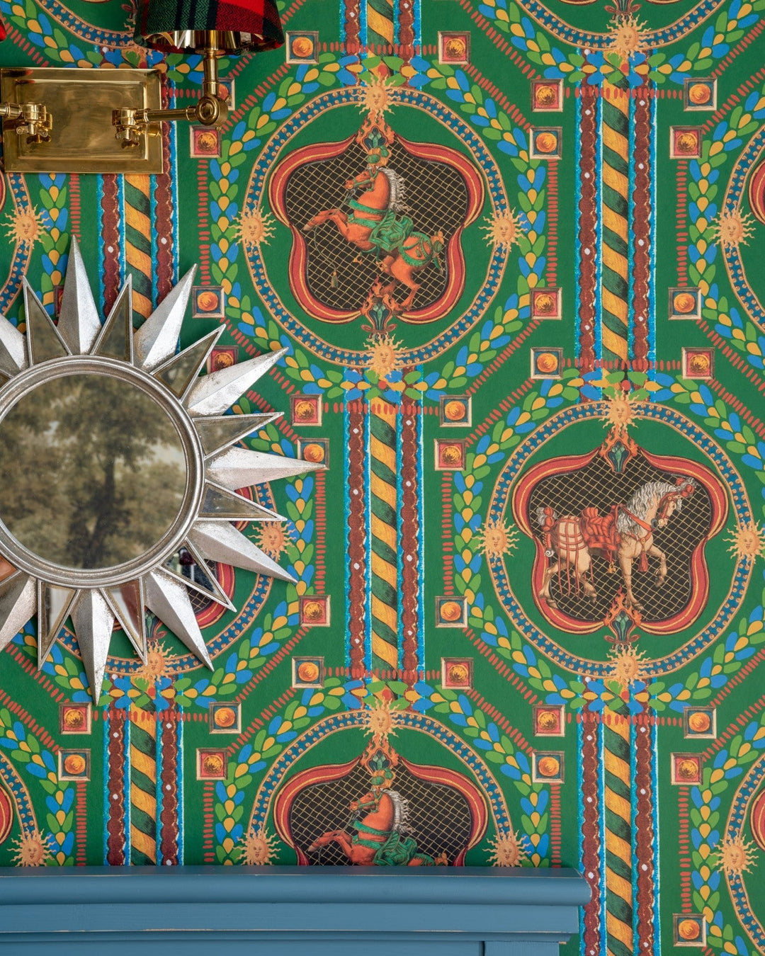 Mind-The-gap-Venetian-ornament-wallpaper-carnival-inspired-merry-go-round-Carousel-ornate-sun-motif-circus-theme-Green-WP20768