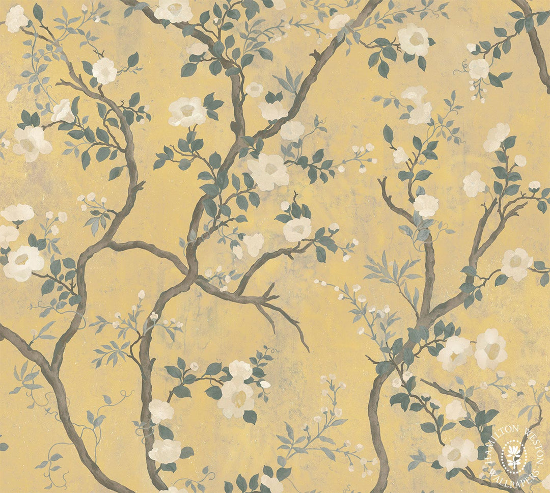 Hamilton-west-wallpaper-flora-roberts-camillia-trailing-blooms-soft-vintage-background-camillia-flower-leaves-branches-golden-yellow