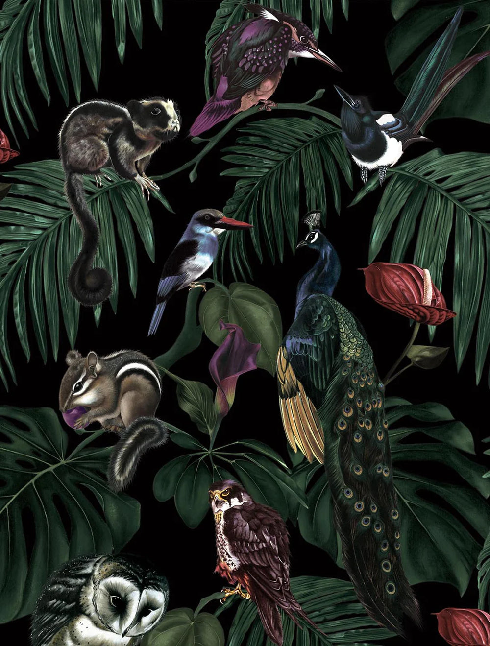 witch-and-watchman-amazonia-wallpaper-dark-black-background-tropical-animal-junglr-theme-hand-painted-wallpaper-helen-wilson
