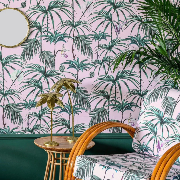 Witch-and-watchman-Elysian-Palm-Green-palm-print-classic-simple-leaves-cotton-panama-textile-sof-furnishings-upholstry-drapery-pink-background